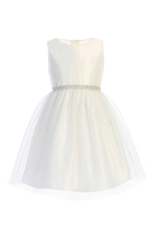 Off White Satin and Silver Metallic Tulle Dress