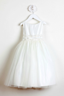 Girls Dress Style 473-  Ivory Satin with Metallic Lace Dress