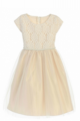 Girls Dress Style 620 - Champagne Embroidered Cap Sleeve Dress