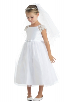 Girls Dress Style 621 - White Cap Sleeve Satin and Lace Dress