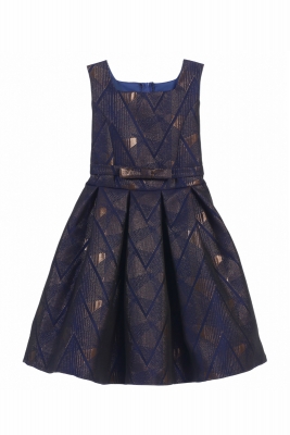 Girls Dress Style 659 - Royal Blue Jacquard Dress with Metallic Geometric Design