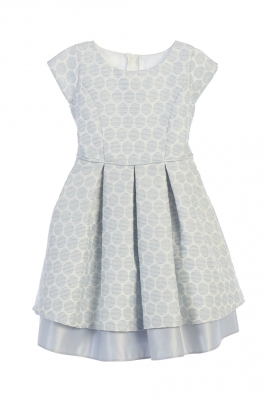 Girls Dress Style 673 - Blue Cap Sleeve Polka Dot Pleated Jacquard Dress