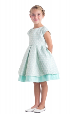 Girls Dress Style 673 - Mint Cap Sleeve Polka Dot Pleated Jacquard Dress