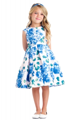 Girls Dress Style 676 - Blue Cap Sleeve Floral Print Dress