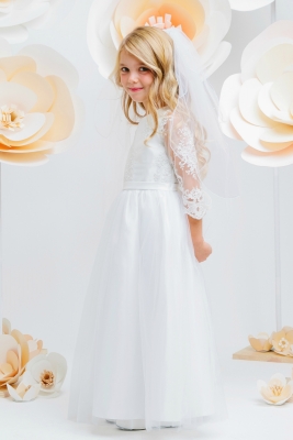 Girls Dress Style 681 - WHITE Embroidered Lace Dress with Long Scalloped Sleeves