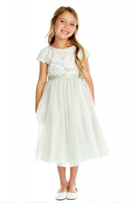 SALE Short Sleeved Floral Mesh and Crystal Tulle Dress in Sage