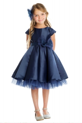 Girls Dress Style 711 - NAVY Cap Sleeved All Satin Dress with Peekaboo Tulle Skirt