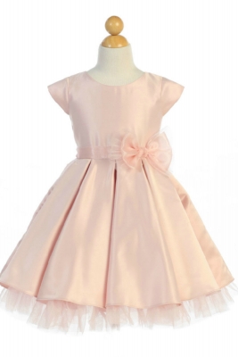 Girls Dress Style 711 - PETAL PINK Cap Sleeved All Satin Dress with Peekaboo Tulle Skirt