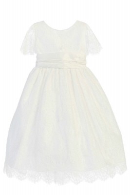 Girls Dress Style 724 - White Short Sleeved French Lace and Dupioni Dress