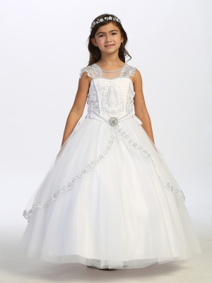 First Communion Dress with Satin Maria Embroidered Bodice and Metallic Lace Details