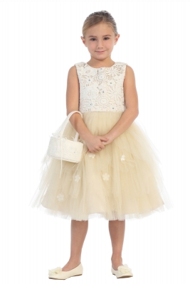 [SALE] Girls Dress Style 5654- Champagne Sleeveless Lace and Tulle Dress