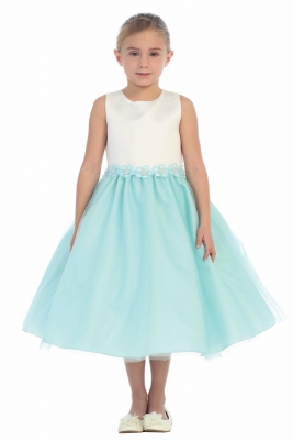 Girls Dress Style 5674-Sleeveless Satin and Tulle Dress In Aqua