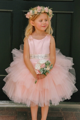 Girls Dress Style 5687- Short Satin and Tutu Tulle Dress In Blush