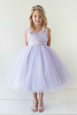 Girls Dress Style 5698 - LILAC Sparkly Tulle Dress with Matching Rhinestone Sash