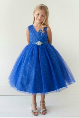 Rainkids Little Girls Royal Blue Embroidered Applique Hi-Low Flower Girl Dress 