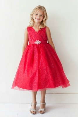 Girls Dress Style 5698 - RED Sparkly Tulle Dress with Matching Rhinestone Sash