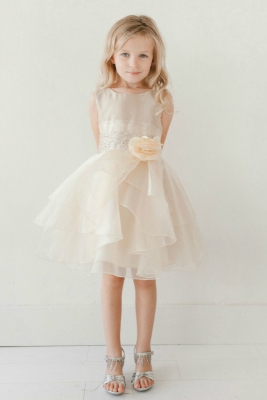 white and champagne flower girl dress