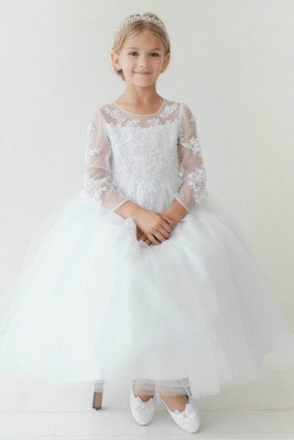 Girls Dress Style 5705 - Dress with Floral Appliques and Sheer Long Sleeves in Choice of Color