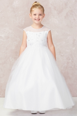 Girls Dress Style 5721 - WHITE Cap Sleeve Embroidered Dress with Tulle Skirt