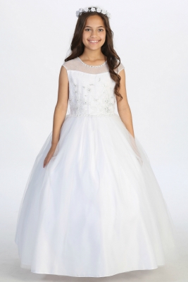 Girls Dress Style 5721 - WHITE Cap Sleeve Embroidered Dress with Tulle Skirt