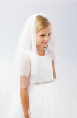 Communion Veil- Style 658 with Comb- Beaded Trim WHITE ONLY
