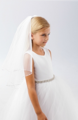 Girls Communion Veil - Style 694-WHITE- Flat Sequin Trim Boarder