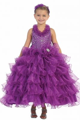 Girls Dress Style 7006- Organza Halter Multi Tiered Dress with Beaded Bodice in Choice of Color