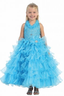 Girls Dress Style 7006- Organza Halter Multi Tiered Dress with Beaded Bodice in Choice of Color