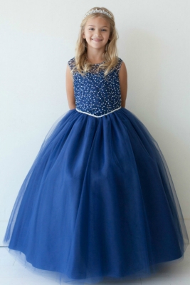 Girls Dress Style 7010 - Cap Sleeve Beaded Sequin Tulle Dress in Navy