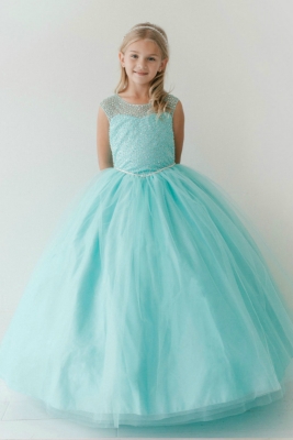 Girls Dress Style 7010 - Cap Sleeve Beaded Sequin Tulle Dress in Aqua