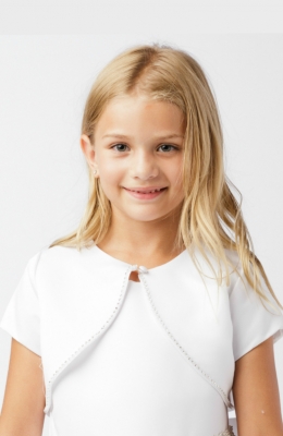 Girls Bolero Style 7905- WHITE Satin Short Sleeve Bolero with Bead Trimming