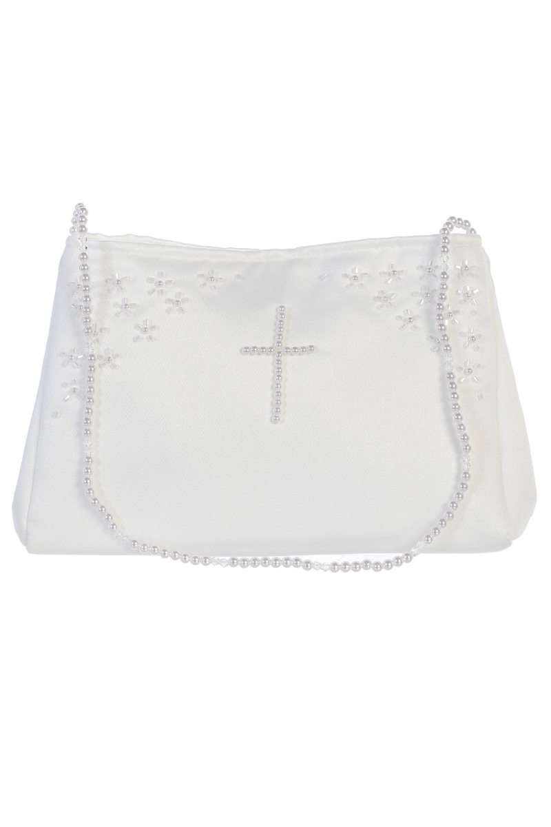 Purse Style B22 - WHITE Satin Purse w-Pearl and Cross Design