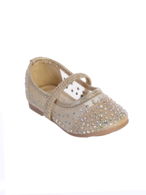 Rose Gold Infant Mesh Flats with Rhinestone Details and Elastic Strap - S135