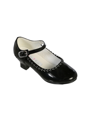 Flower Girl Shoe Style S67 - Soft Patent Shoe with Heel and Rhinestone Detailing in Black
