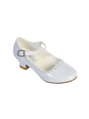 Flower Girl Shoe Style S67 - Soft Patent Shoe with Heel and Rhinestone Detailing in Ivory
