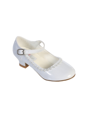 Flower Girl Shoe Style S67 - Soft Patent Shoe with Heel and Rhinestone Detailing in White