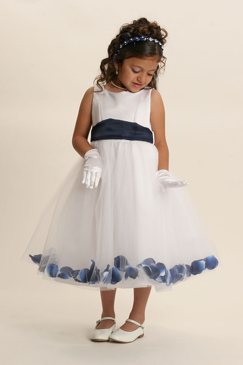 white flower girl dress with navy sash