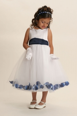 Flower Girl Dress Style 152-Choice of White or Ivory Dress with Navy Sash and Petals