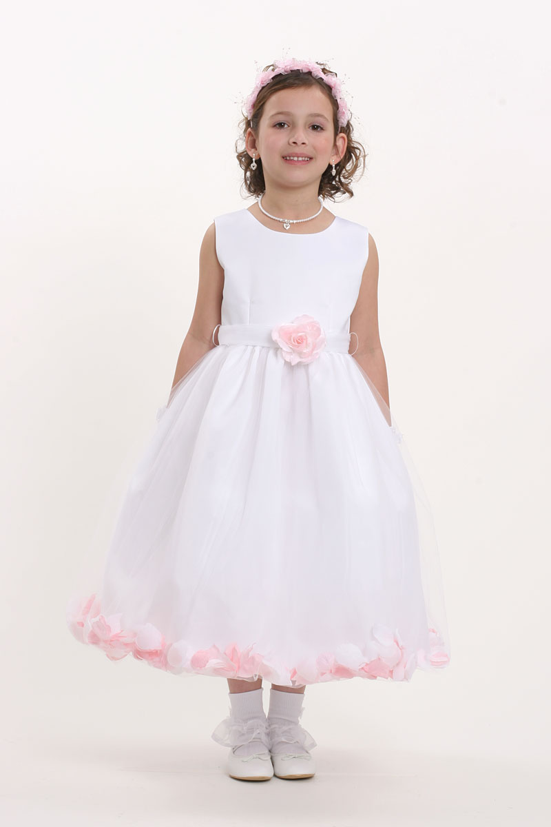 Flower Girl Christening Dress Girls Kids Satin Flower Pageant Party With Petals 