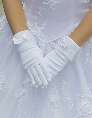 WHITE Matte Satin Glove with Organza Cuff with Pearl Bow Accent