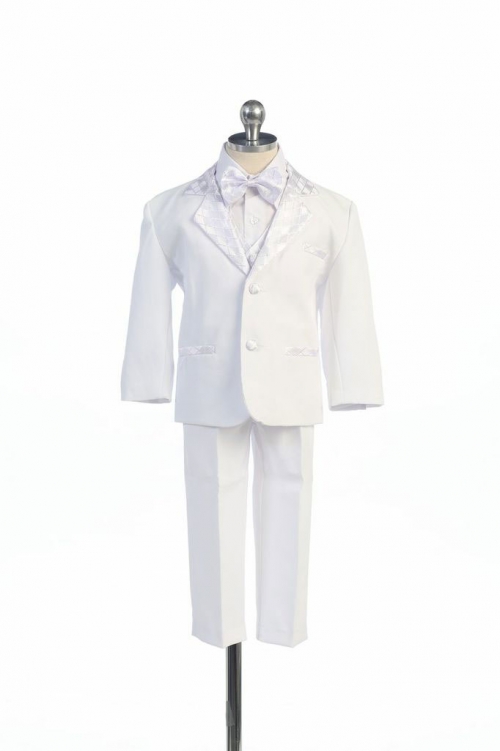 SALE - Boys Suit Style TX118- WHITE 5 Piece Tuxedo with Diamond Pattern Bow Tie and Vest