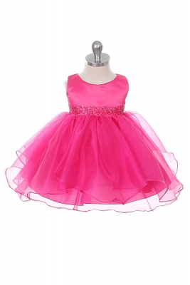 Girls Dress Style 0302- FUCHSIA Sleeveless Satin and Organza Layered Dress with Bead Waistline