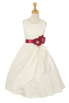 Girls Dress Style 1165- Choice of White or Ivory Dress with Burgundy Ribbon and Flower