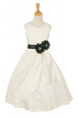 Girls Dress Style 1165- Choice of White or Ivory Dress with Black Ribbon and Flower