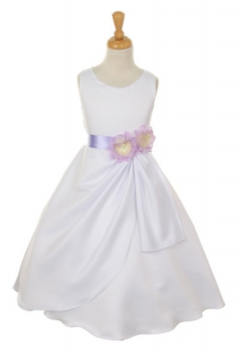 Girls Dress Style 1165- Choice of White or Ivory Dress with Lilac Ribbon and Flower