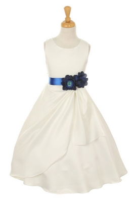 Girls Dress Style 1165- Choice of White or Ivory Dress with Midnight Blue Ribbon and Flower