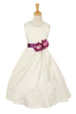 Girls Dress Style 1165- Choice of White or Ivory Dress with Plum Ribbon and Flower