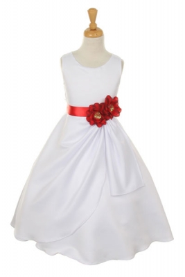 Girls Dress Style 1165- Choice of White or Ivory Dress with Red Ribbon and Flower