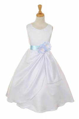 Girls Dress Style 1165- Choice of White or Ivory Dress with Sky Blue Ribbon and Flower