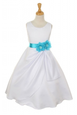 Girls Dress Style 1165- Choice of White or Ivory Dress with Turquoise Ribbon and Flower